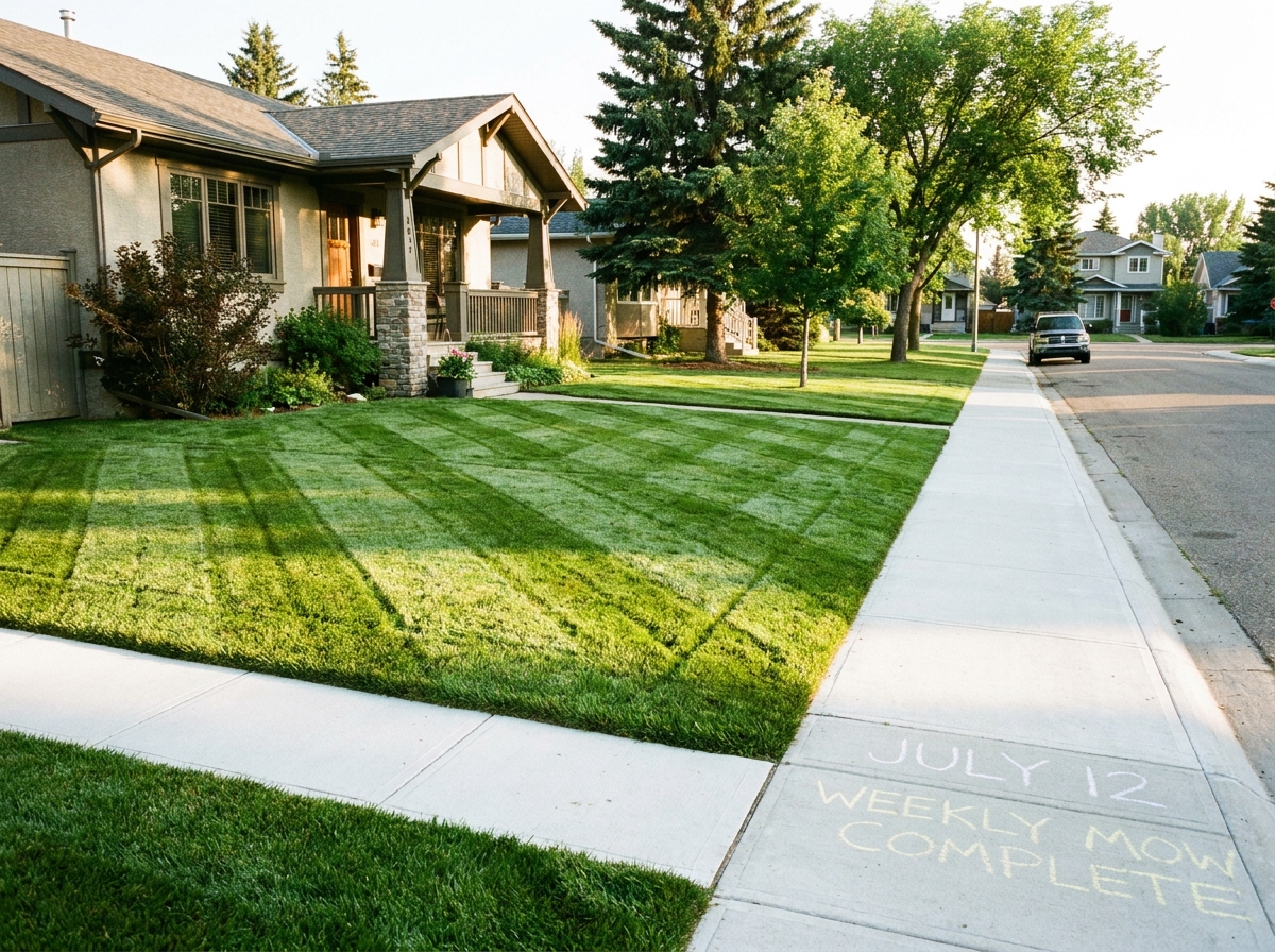 A freshly landscaped Edmonton commercial property with clean lawn beds, trimmed shrubs, and clean walkways, completed maintenance visit